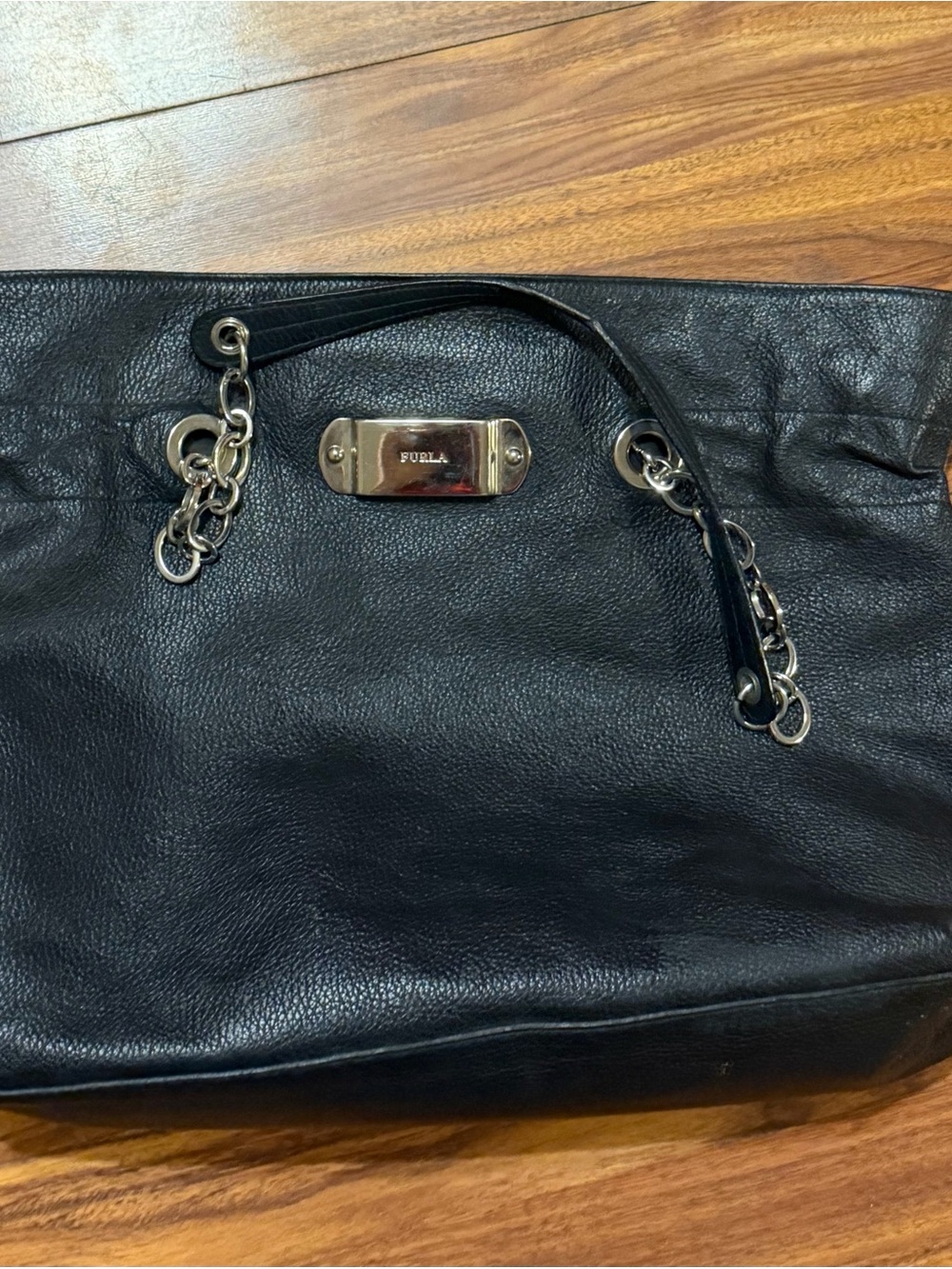 Furla Black Pebbled Leather Tote with Chain-Detail Handles